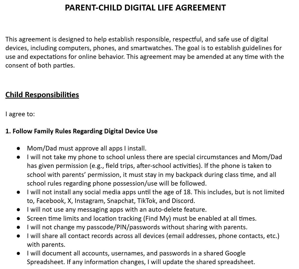 Parent-Child Digital Life Agreement